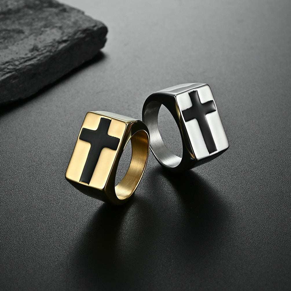 Scenery Cross Stainless Steel Gold-Plated Ring