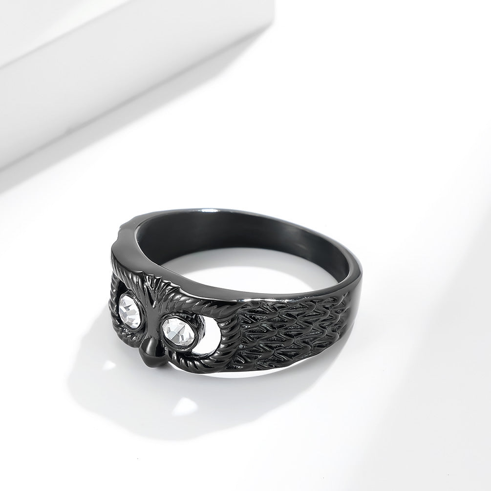Planderful Titanium Steel Owl Zircon Ring Unisex Hip Hop Style Jewelry for Men and Women
