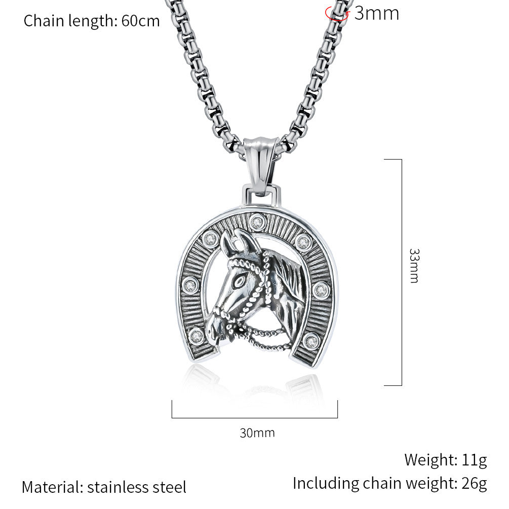 Planderful Horseshoe Horse Head Necklace For Men Retro Streetwear Niche Design Pendant Steel