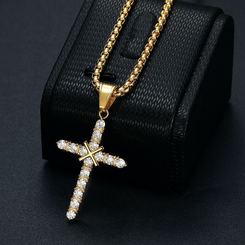 Planderful Hip Hop Jewelry Titanium Steel Gold Plated Zircon Cross Pendant Necklace For Men
