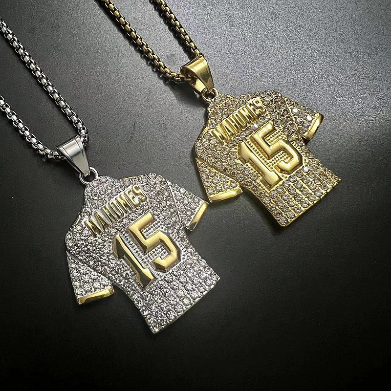 Planderful Premium Hip Hop Necklace Titanium Steel Gold Plated Zircon NFL Jersey Pendant No 15 for Fans