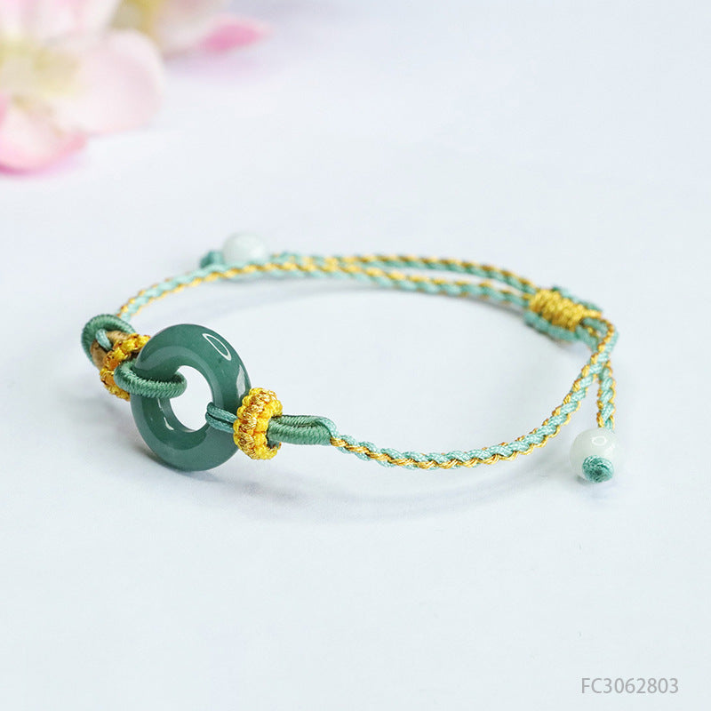 Blue Water Jadeite Peace Ring Cord Bracelet