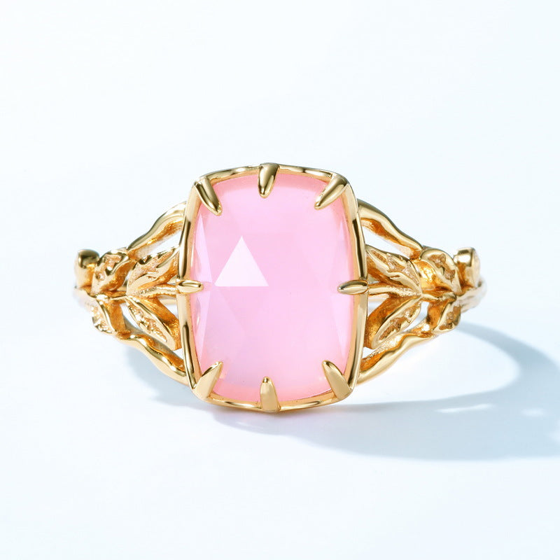 Rectangle Pink Crystal Hollow Leaf Opening Silver Ring