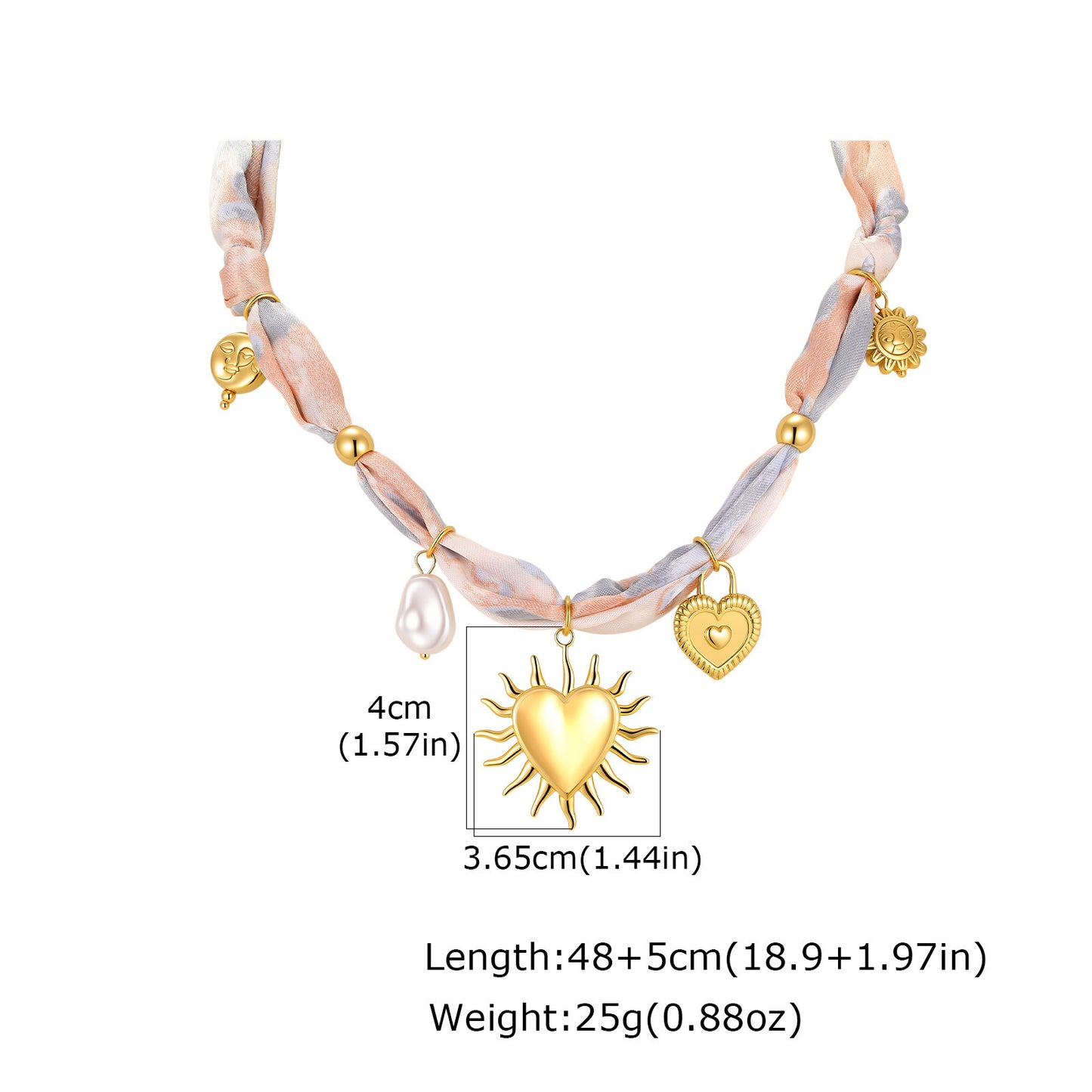 European – American Bohemian Stainless Steel Imitation Pearl Sunflower Printing Silk Necklace