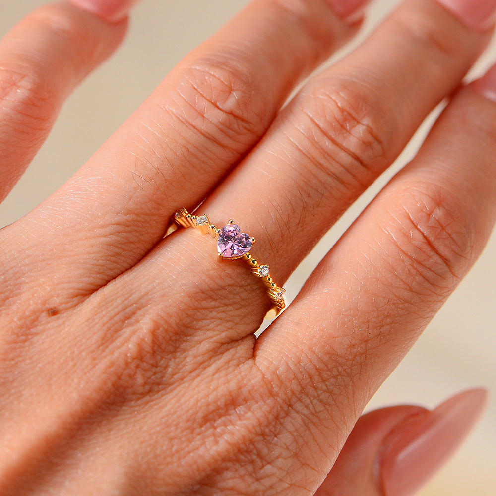 S925 Sterling Silver Pink Heart-Shaped Zircon Open Ring Small Fresh Super Fairy Love