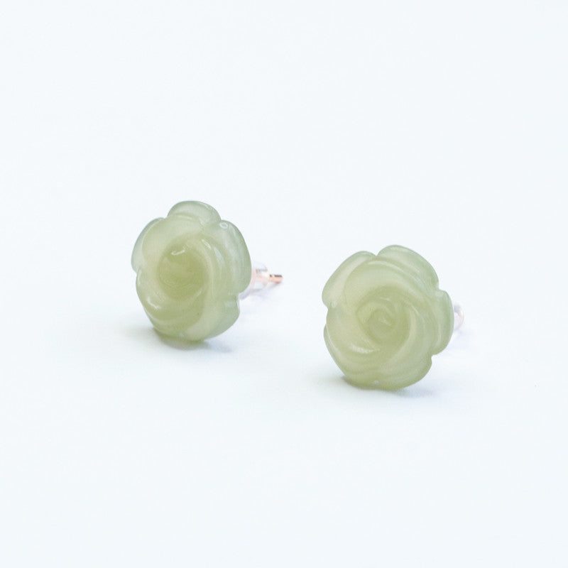 Lake Green Silver Flower Earrings with Natural Hotan Jade Insets