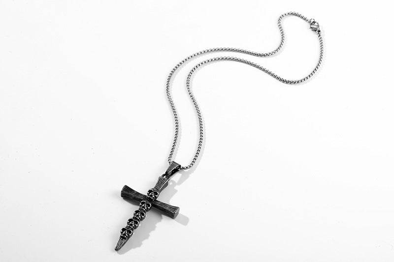 Titanium Steel Ghost Head Sword Cross Pendant Necklace for Men