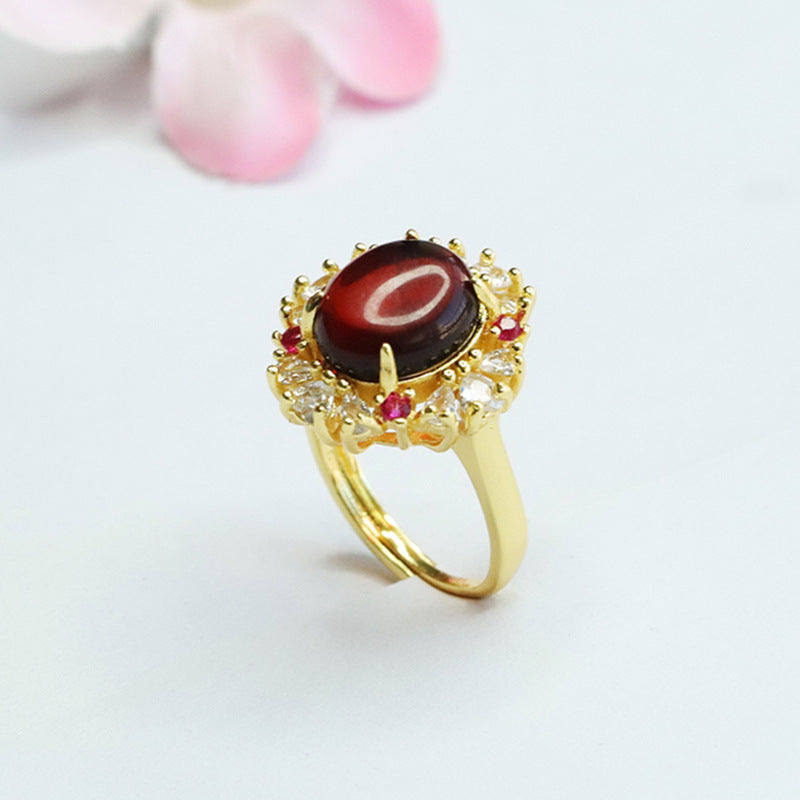 Oval Beeswax Amber Ring with Sterling Silver Petal Zircon Jewelry
