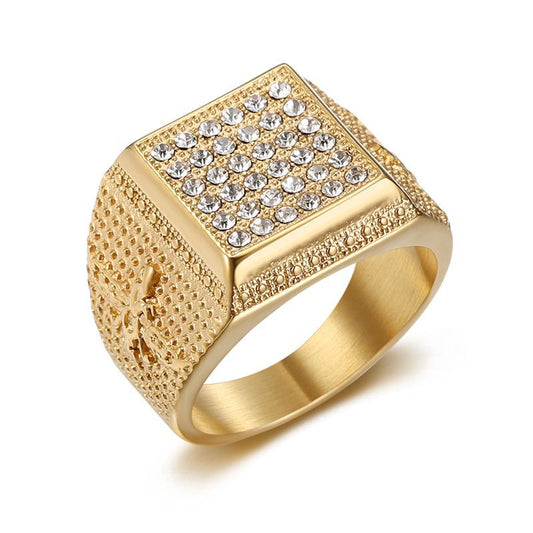 Planderful Hip Hop Ring Titanium Steel Gold Plated Zircon For Men Bold Urban Accessory