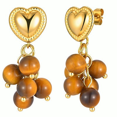 Stainless Steel Tiger's Eye Heart Earrings