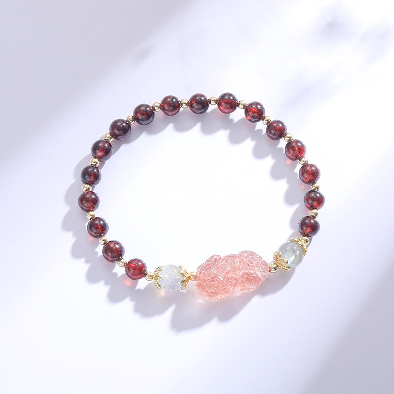 Tourmaline and Garnet Crystal Bracelet with Pixiu Design