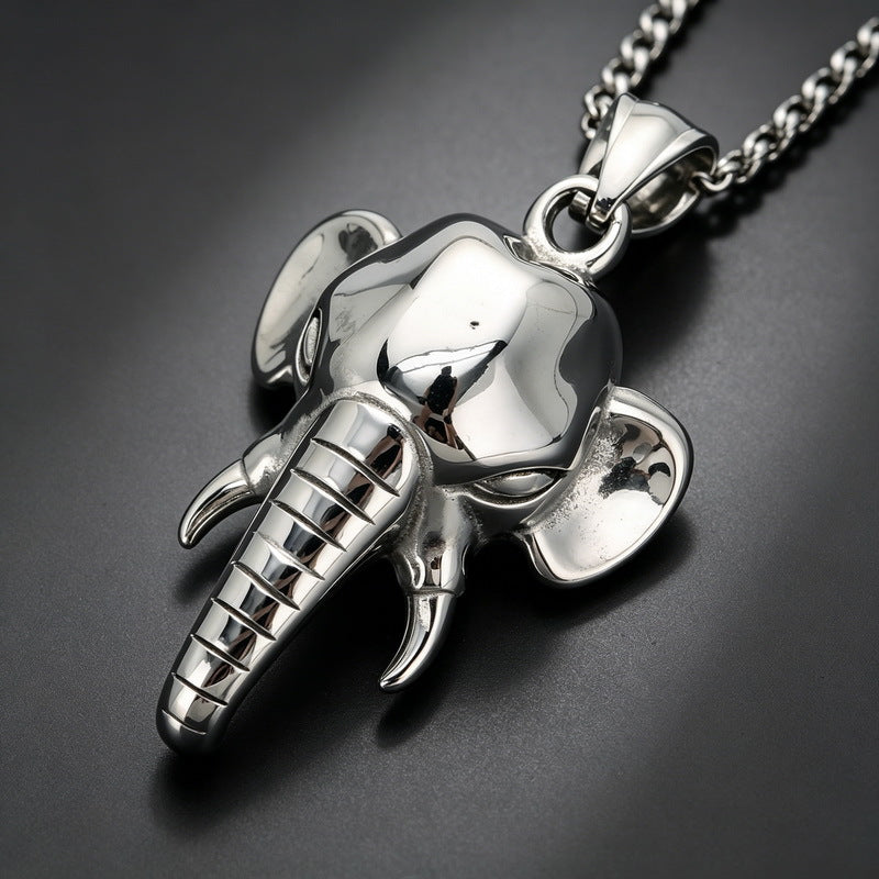 Vintage Ruby Jixiang Pendant Exotic Style Three-Dimensional Elephant Casting Pendant Stainless Steel Men's Necklace