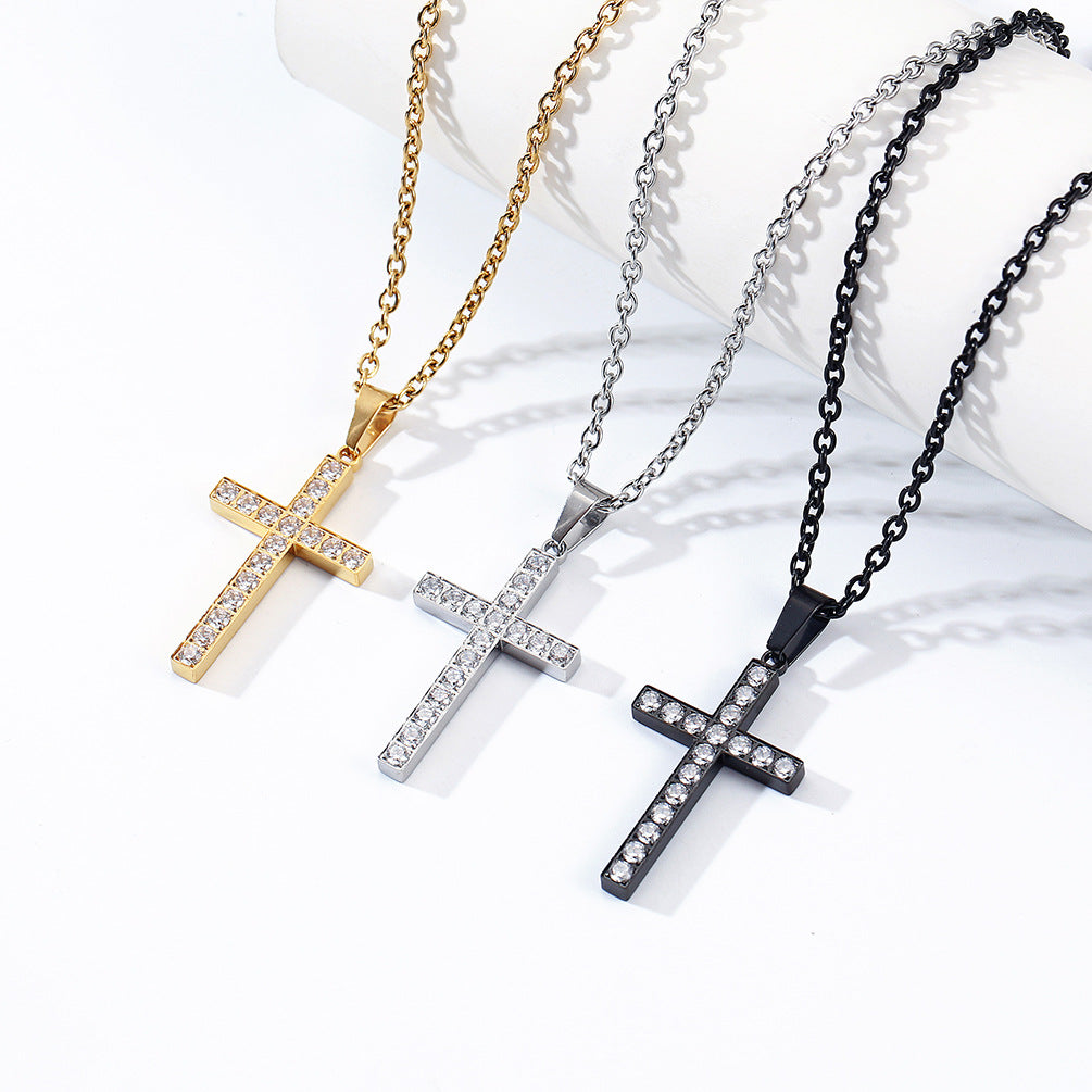 Planderful Titanium Steel Cross Necklace With Zircon Stones Unisex Luxury Jewelry