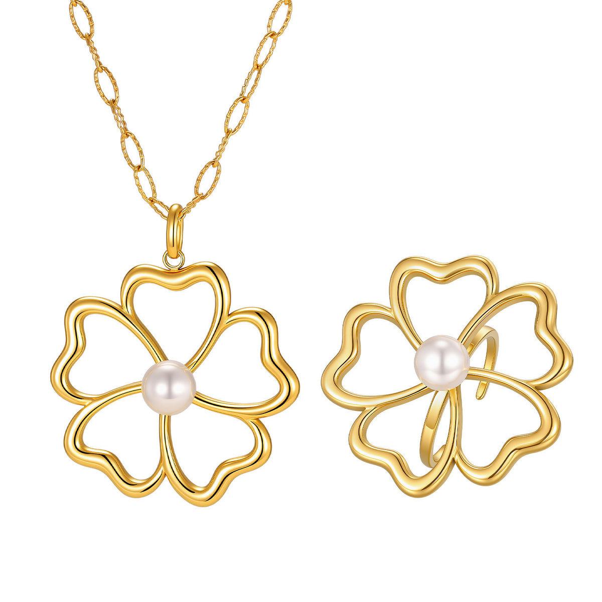 Metal Hollow Flower Imitation Pearl Necklace – Stainless Steel Elegant Ring