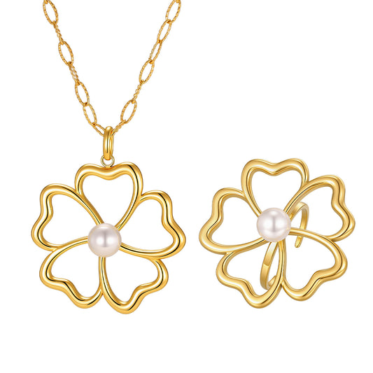 Metal Hollow Flower Imitation Pearl Necklace – Stainless Steel Elegant Ring
