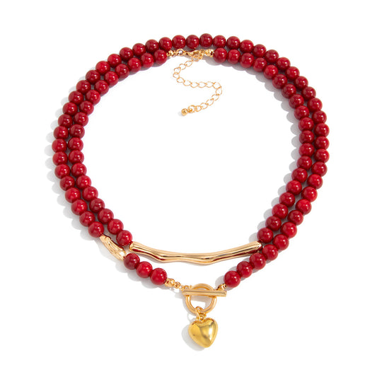 Red Beaded Ot Buckle Love Pendant Necklace Liquid Metal Rod Necklace