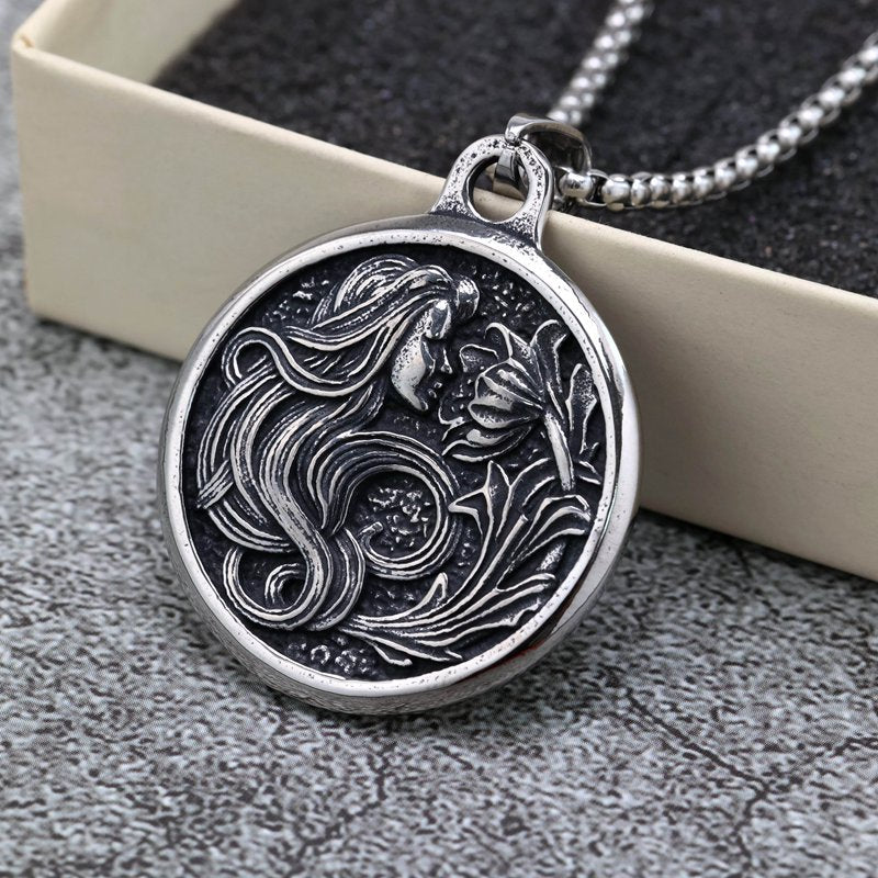 Stainless Steel Pendant Necklace For Men And Women Vintage Double Sided Medal With Flower Design Planderful