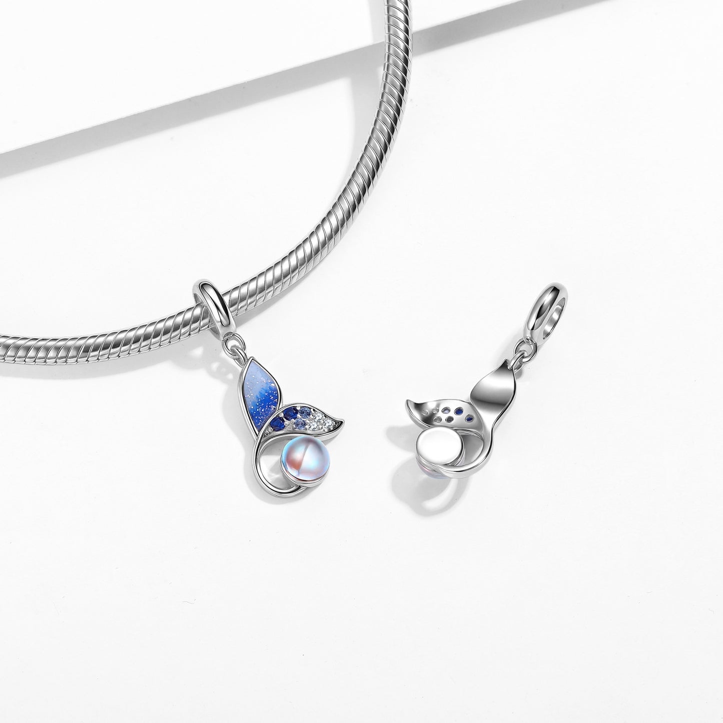 Planderful Jewelry Moonstone Pendant In Sterling Silver With Blue Zircon Beaded Fishtail Necklace