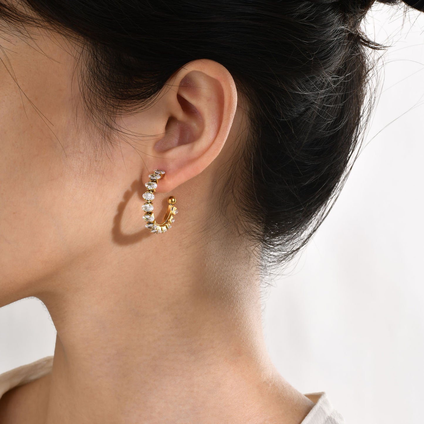 Stainless Steel White Zircon 18K Gold U-Shaped Earrings Women's