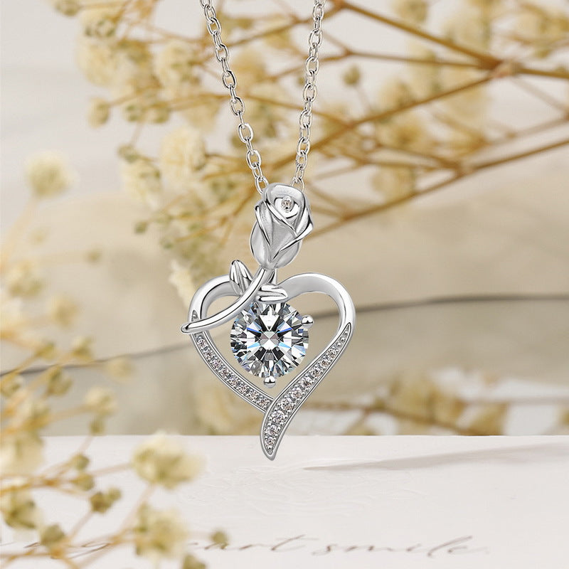 S925 Sterling Silver Moissanite Rose Pendant Necklace