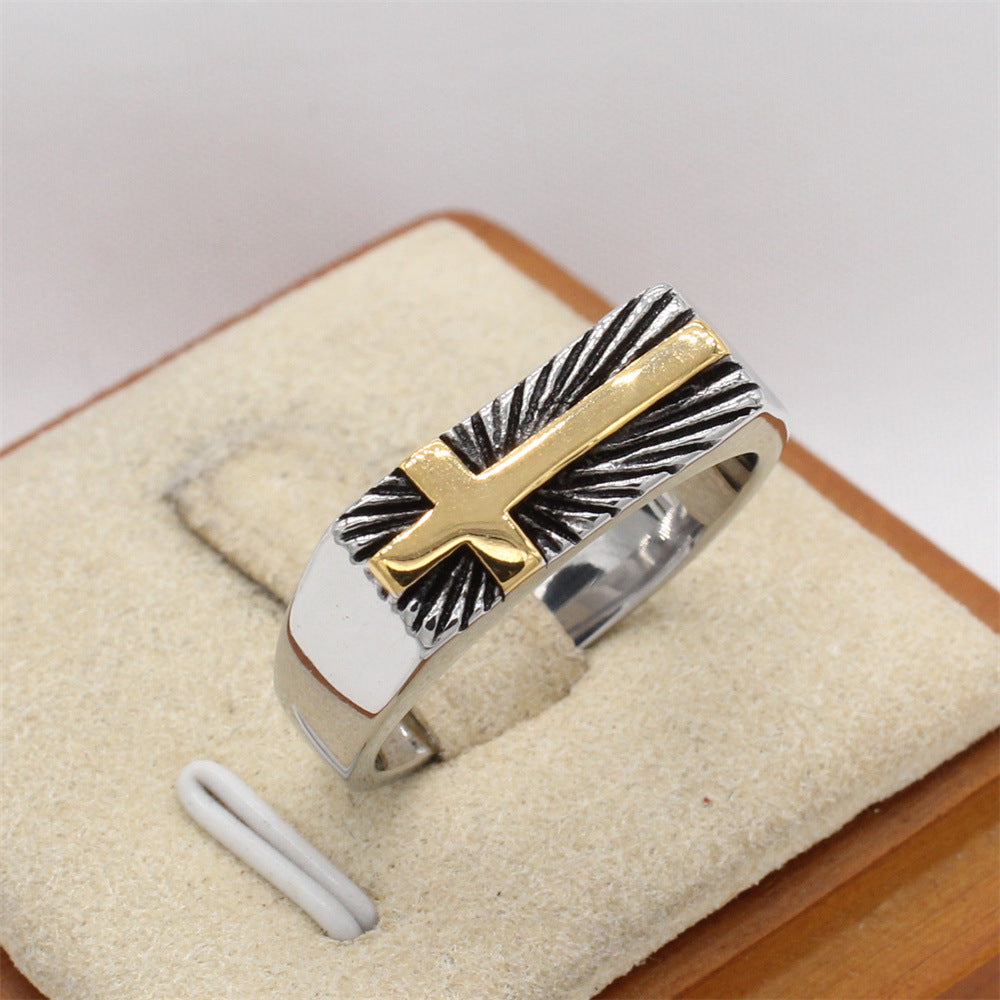 Planderful Jewelry Mens Retro Cross Ring Titanium Steel European American Style Size 7 8 9 10 11 12 13