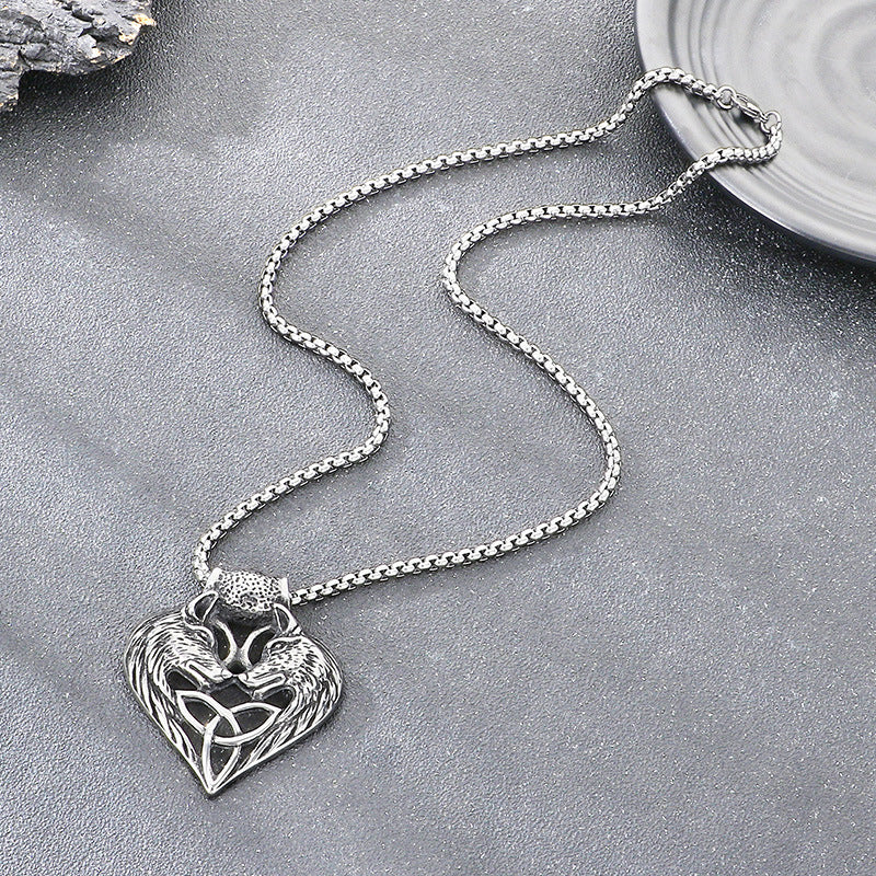Viking Double Wolf Head Love Knot Pendant Punk Style Retro Cross Feathered Eagle Necklace