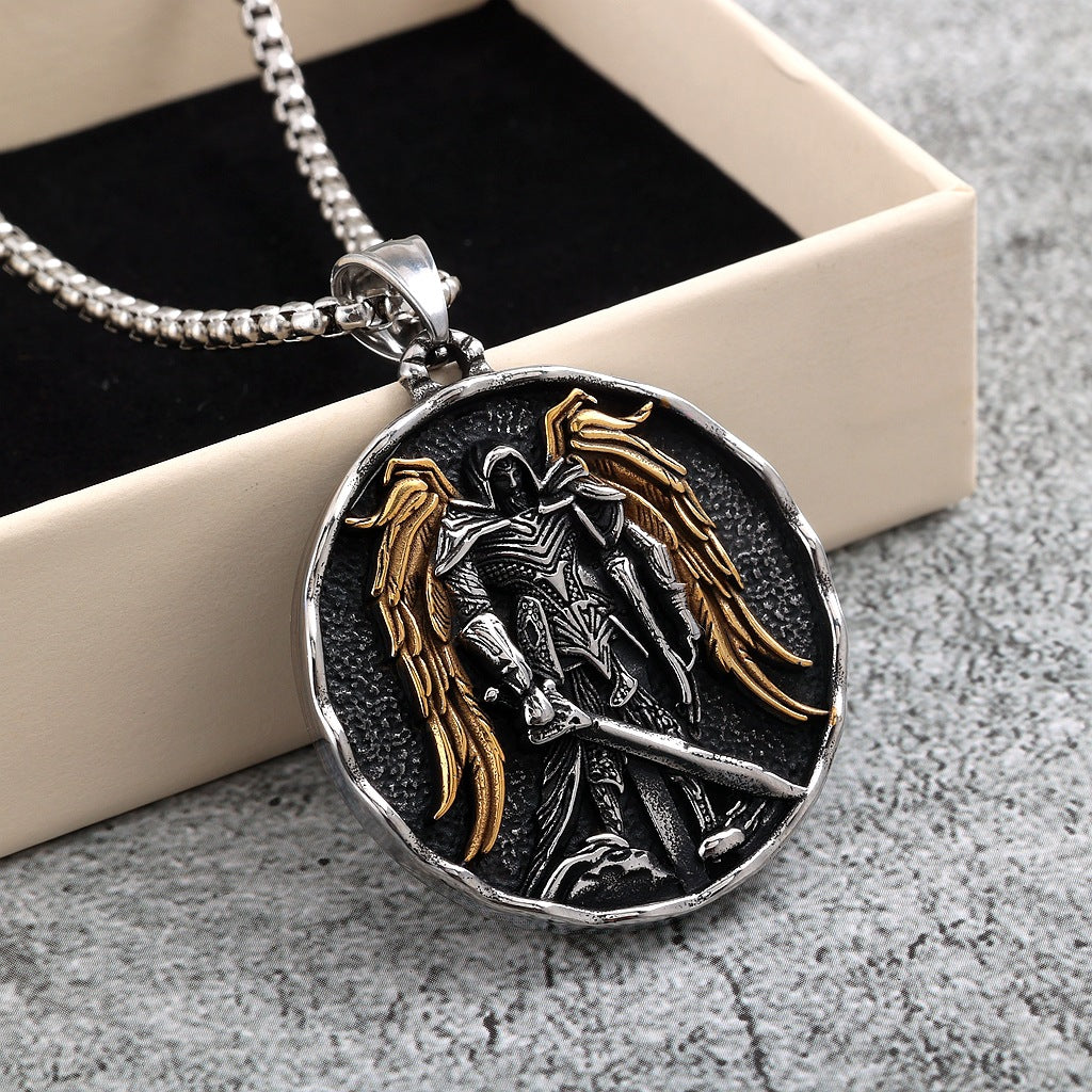 Vintage St. Michael Angel Stainless Steel Men's Pendant Necklace