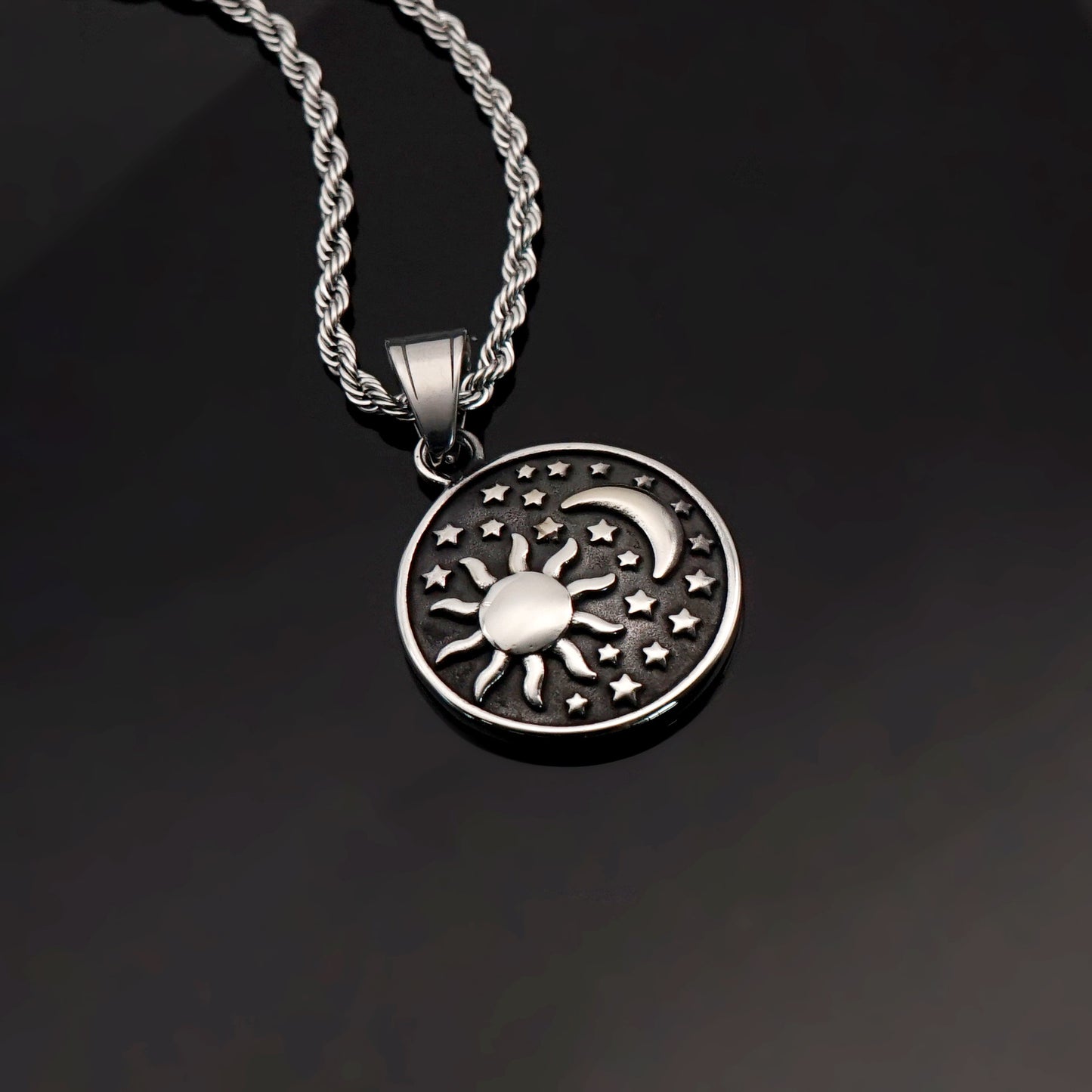 Steel Necklace – Vintage Sun Moon Stars Pendant For Everyday Style By Planderful Collection