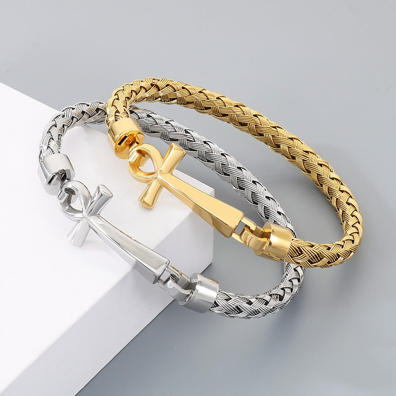 Stainless Steel Braided Wire Bracelet Ancient Egyptian Charm Of Life Anka Cross Men's