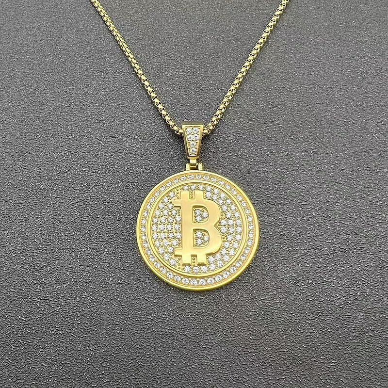 Bitcoin B Pendant Necklace By Planderful Everyday Genie Gold Plated Steel West Coast Hip Hop Style For Crypto Fans