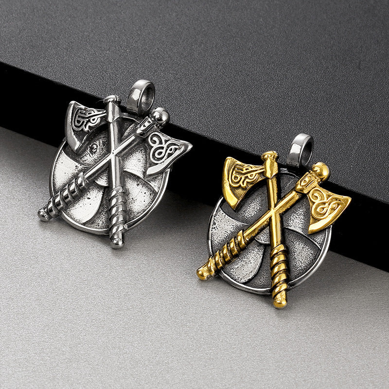 Viking-Inspired Stainless Steel Double Axe Pendant for Men – Punk Style Jewelry