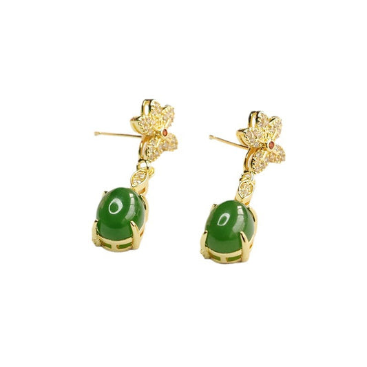 Green Jasper Flower Sterling Silver Earrings with Jade Accents