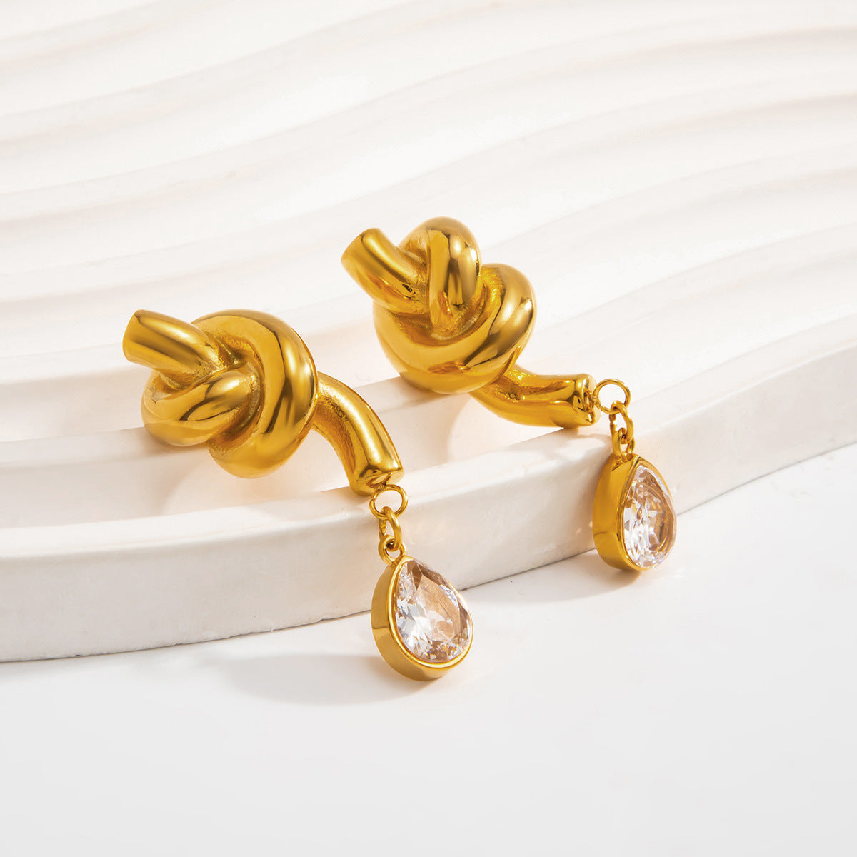 Planderful Vienna Verve Twisted Knotted Stainless Steel Stud Earrings With Waterdrop Zircon Statement For Women