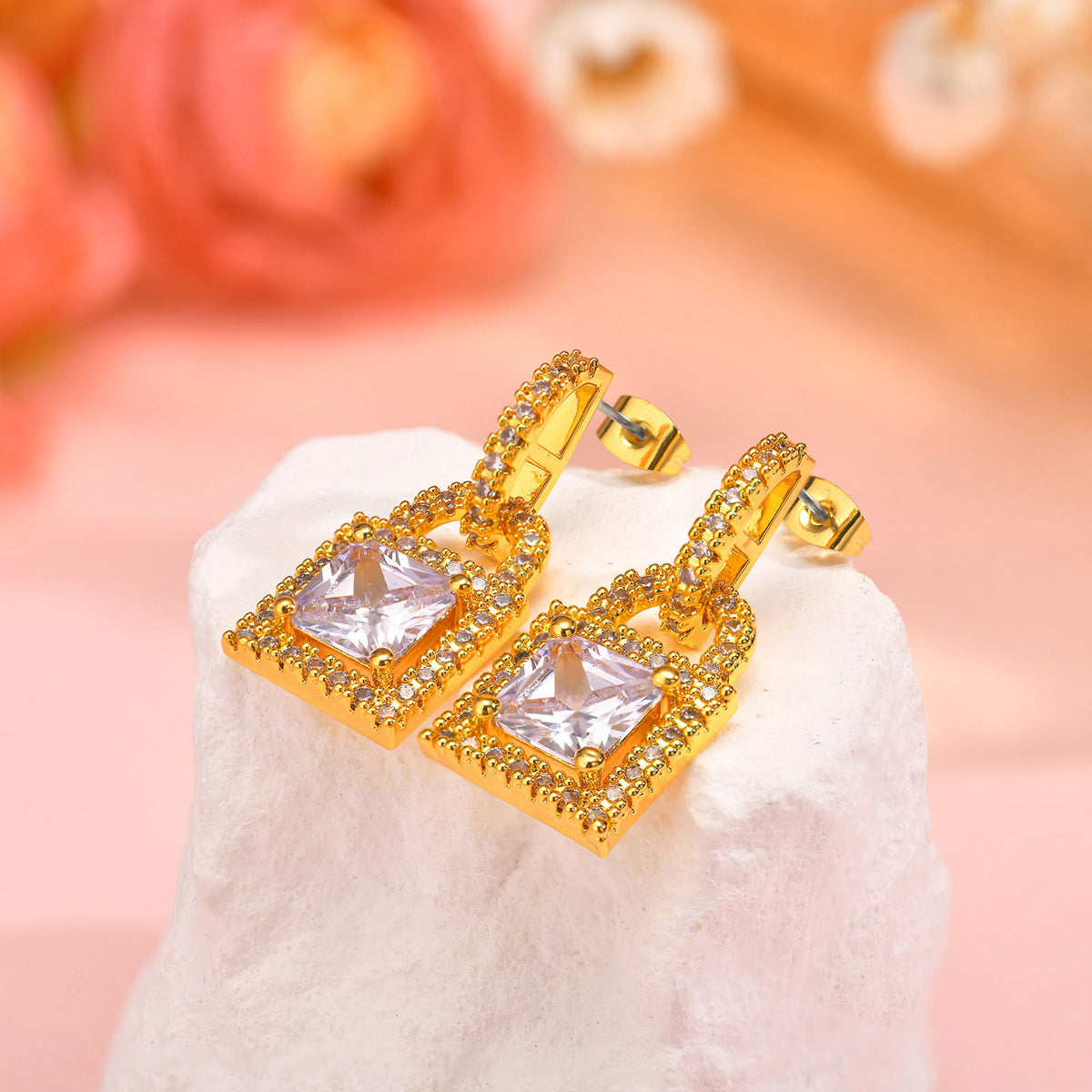 Gold-Tone Crystal Padlock Drop Earrings