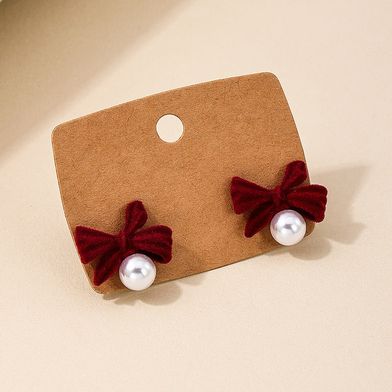 Romantic Vintage Red Velvet Bow Earrings with Pearl Accents