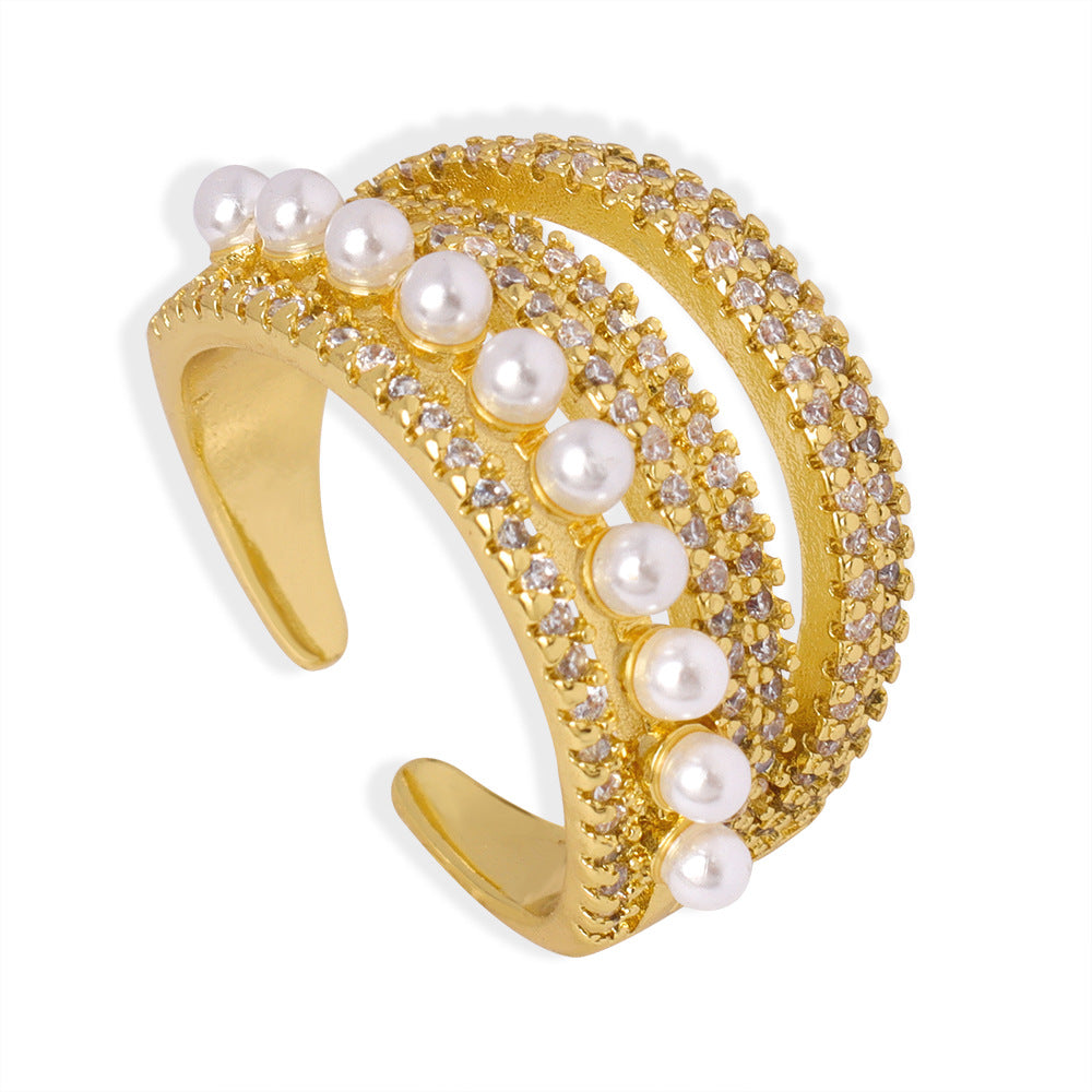 Luxurious Copper Multi-Layer Ring with Imitation Pearl and Zircon Inlays