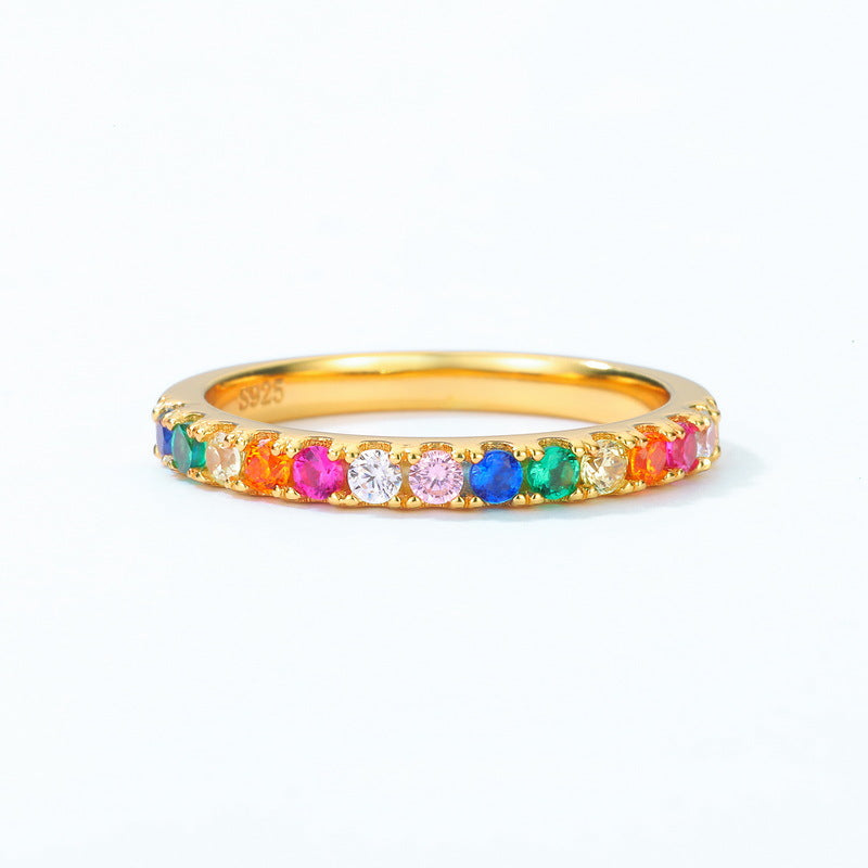 Round Shape Colourful Zircon Half Eternity Silver Ring