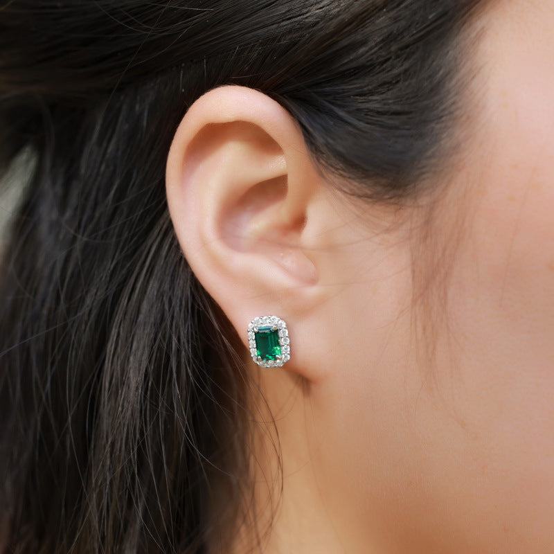 S925 Sterling Silver Lab-Grown Emerald Geometric Stud Earrings