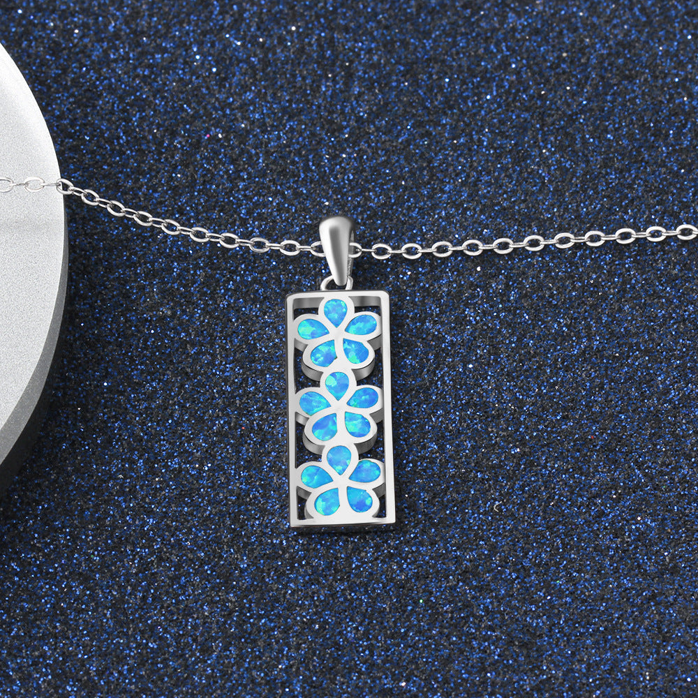 Planderful Jewelry Blue Opal Flower Hollow Rectangle Pendant Necklace In Sterling Silver For Everyday Luxury