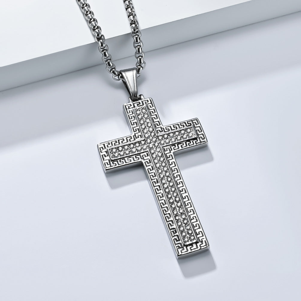 Planderful Mens Cross Necklace Titanium Steel With Zircon Great Wall Retro Pattern For Men