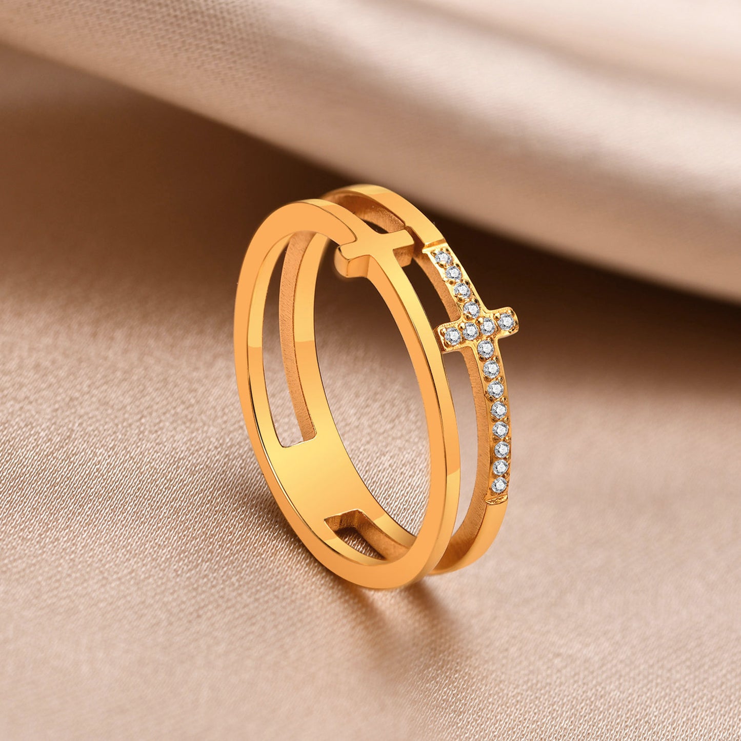 Stainless Steel Zircon Double Cross Ring Gold Women's Fashion