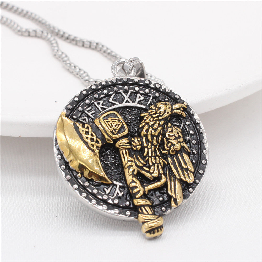 Planderful Viking Rune Pendant Titanium Steel Crow Axe For Men Unisex Protection Charm