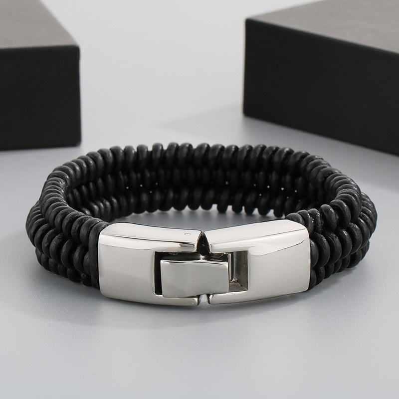 Stylish & Double-Layer Spliced Leather Bracelet – Vacuum Electroplated Spring Buckle