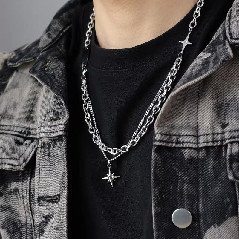 Planderful Jewelry Titanium Steel Double Chain Necklace With Cross And Star Pendant