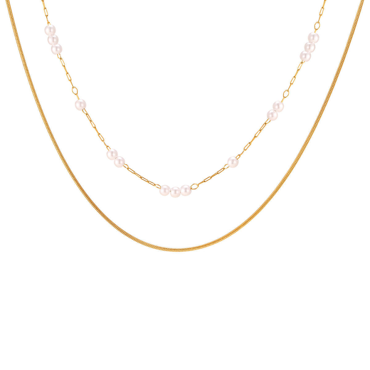 Stylish & Stainless Steel Round Snake Chain Imitation Pearl Double-Layer Necklace