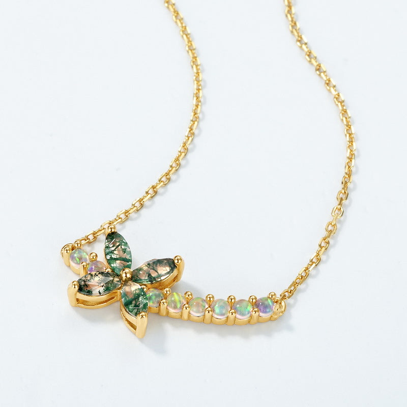 S925 Sterling Silver Gold-Plated Moss Agate Flower Necklace