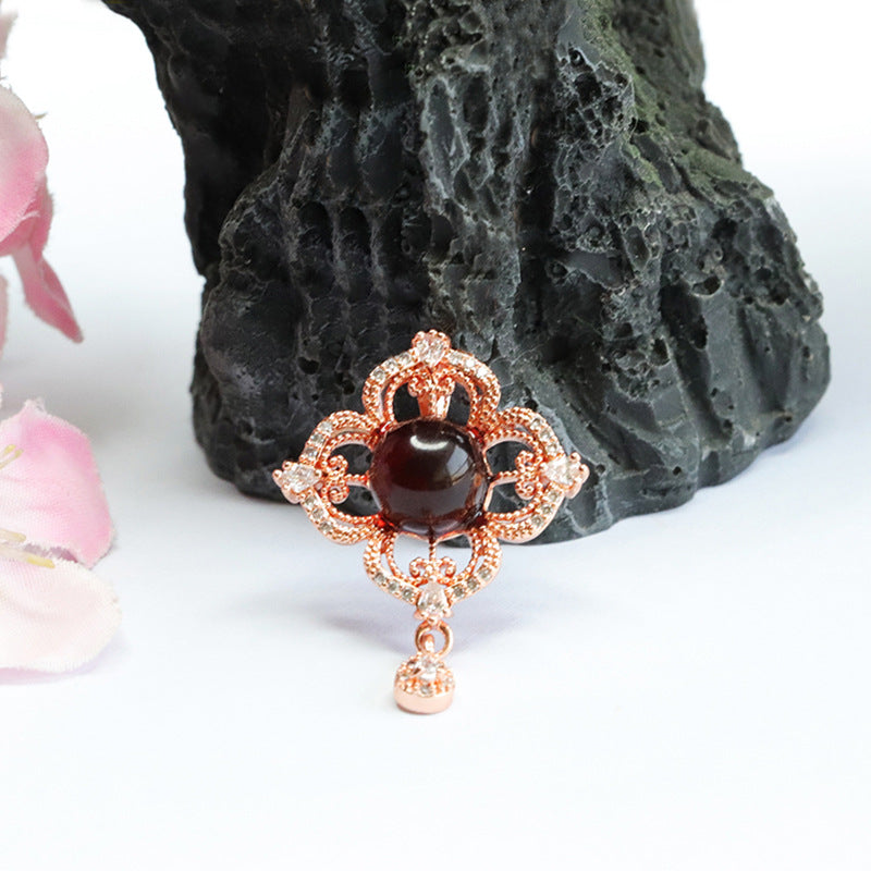 Blood Amber Pendant with Zircon Flower Tassel Necklace for Women