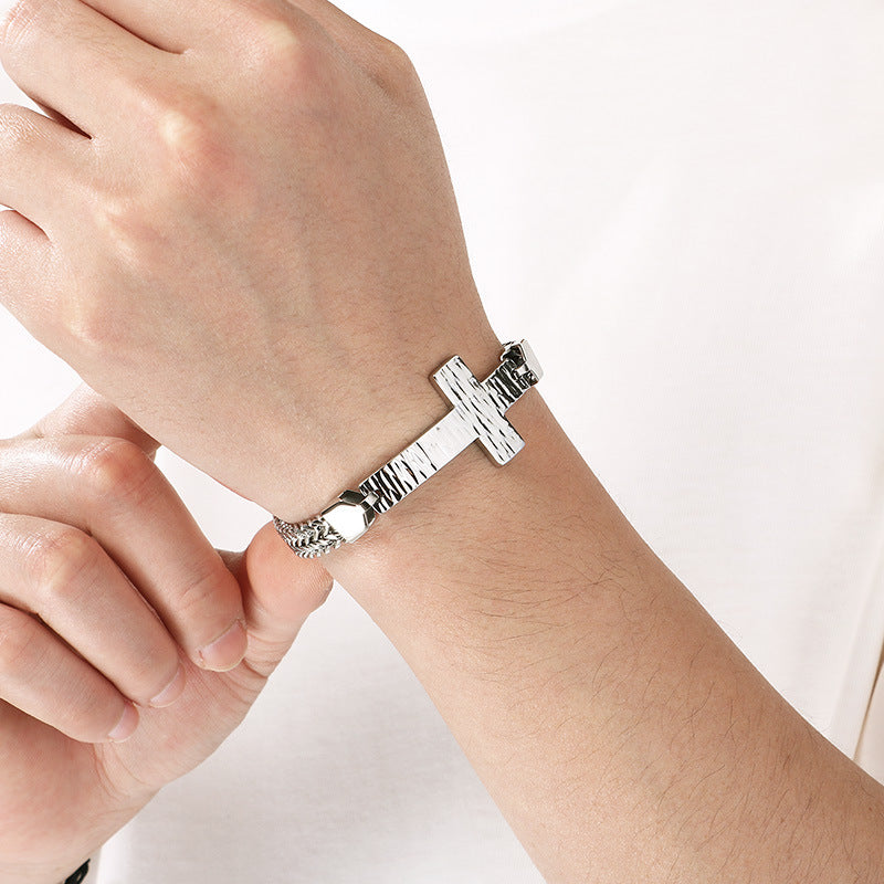 Double-Row Keel Chain Bracelet – Hammer Pattern Texture Bending Brand Cross – Stainless