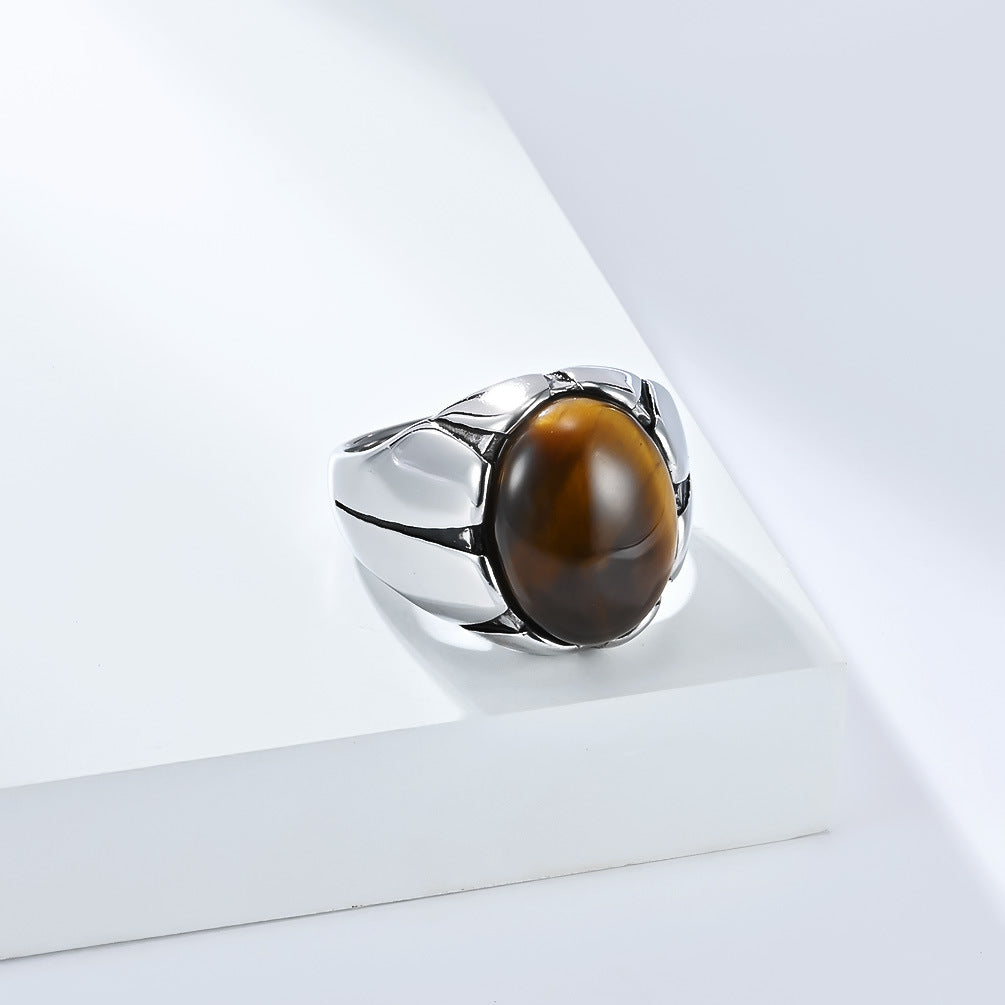 Planderful Tiger's Eye Ring For Men Egg Shaped Black Stone Stainless Steel Jewelry Everyday Genie