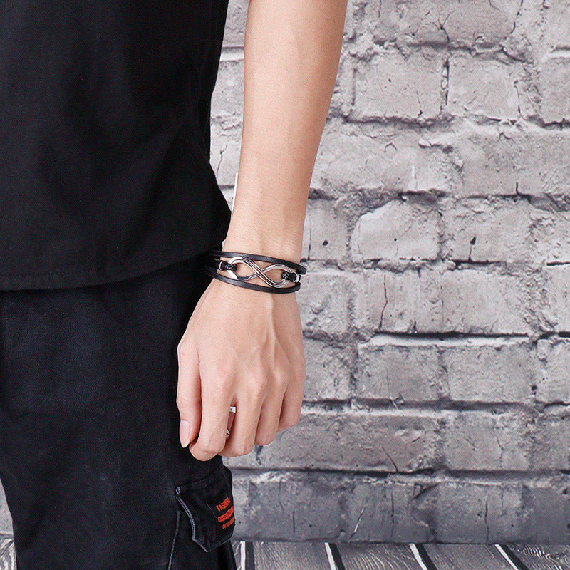 Infinity Shape Titanium Steel Leather Bracelet For Men
